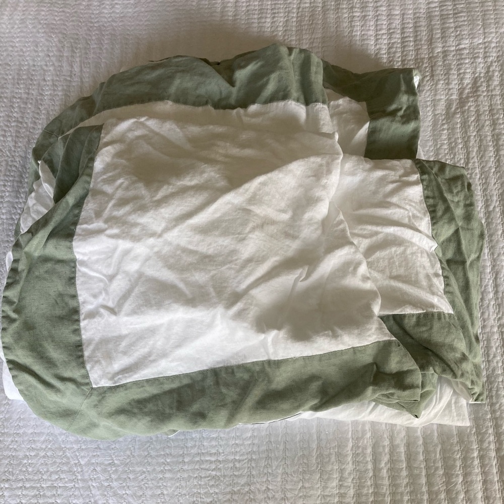Williams Sonoma Home Queen White Linen Duvet Sage Border